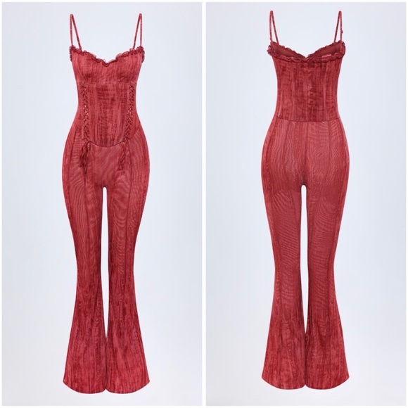 Oh Polly Pants - Oh Polly Size XS Carmen Lace Up Ruffle Flared Jumpsuit Red Print Mesh Corset NWT